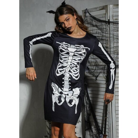 Women's Halloween Costume Skeleton Funny Long Sleeve Midi Skeleton Dresses - Picture 3 of 8